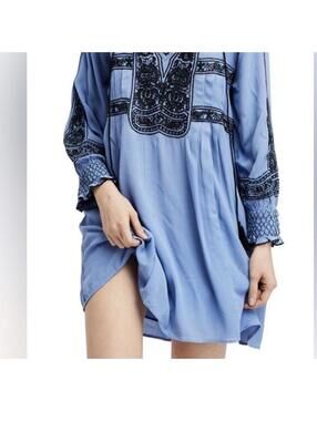 Free People Wind Willow Boho Embroidered Tie Neck Tunic Dress